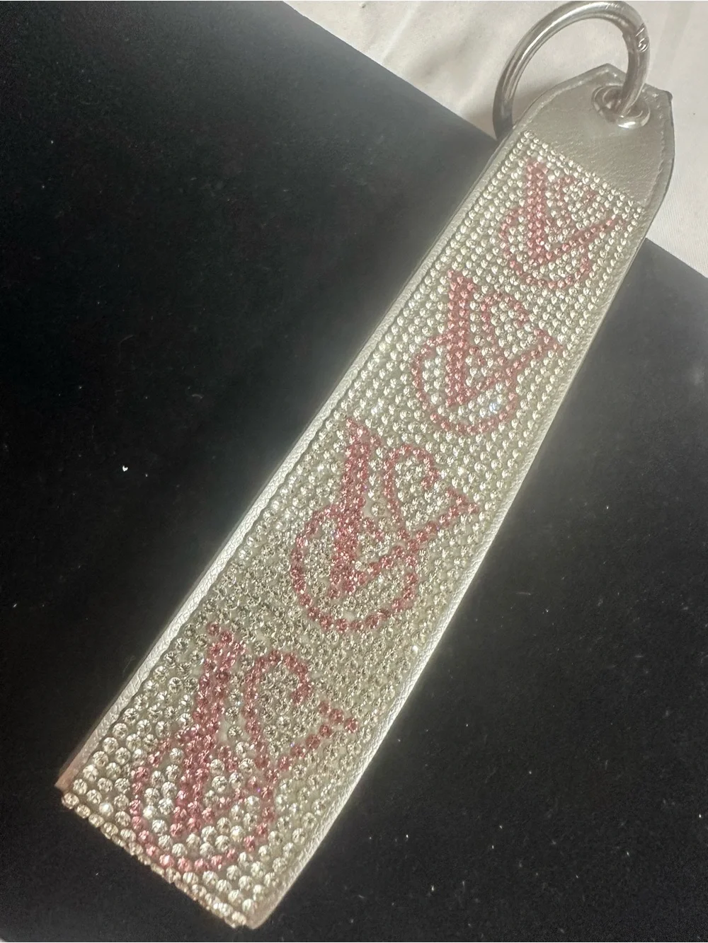 Crystal Embellished Silver Keychain Wristlet with Pink Accents